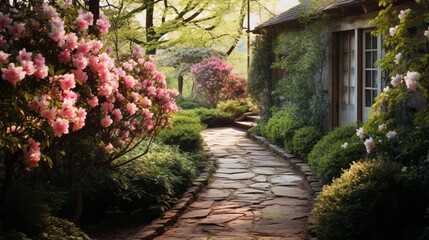 Wide shot of a rustic path bordered by flowering shrubs.