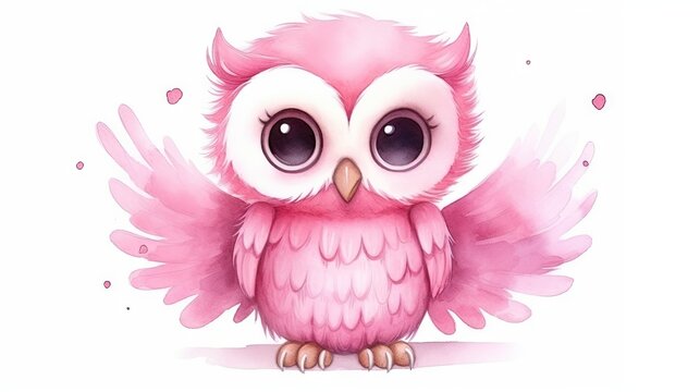  a pink owl with big eyes sitting on a white surface.  generative ai