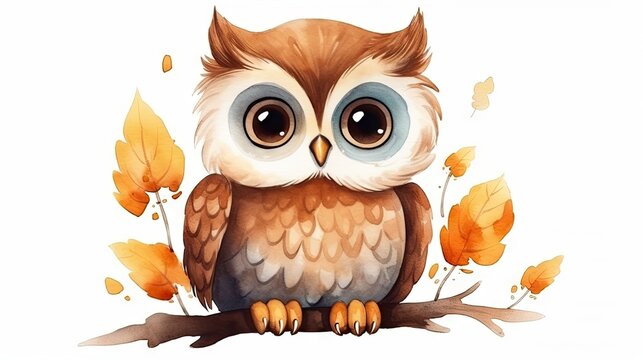  a watercolor painting of an owl sitting on a branch.  generative ai
