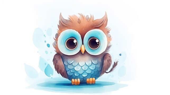  an owl with big eyes sitting on a blue surface with water droplets.  generative ai