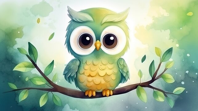  a green owl sitting on a branch with leaves on it.  generative ai