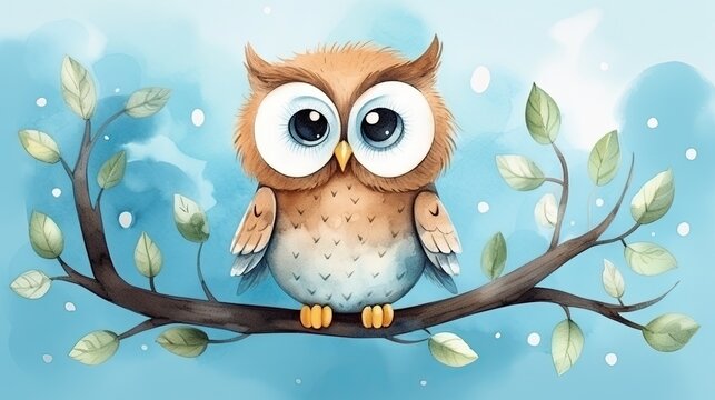  an owl sitting on a branch with leaves on a blue background.  generative ai
