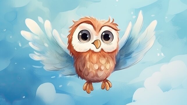  an owl flying through the air with wings spread out of it's body.  generative ai