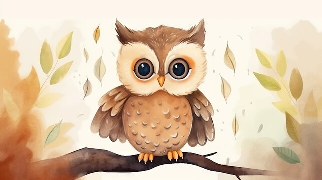  a painting of an owl sitting on a branch with leaves.  generative ai