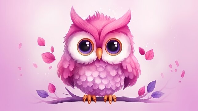  a pink owl sitting on a branch with leaves around it.  generative ai