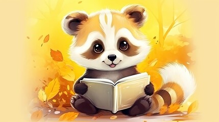  a panda bear is reading a book in the fall leaves.  generative ai