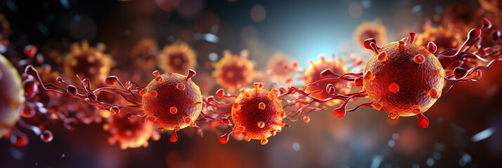 Corona Virus, Microscopic View of Floating influenza virus cells macro shot. Virology and Microbiology Medicine Concept. 2019-nCoV viral disease epidemic. Bacteria microbes  - obrazy, fototapety, plakaty