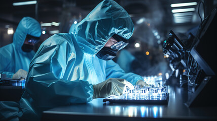 Scientist Medical Technician Specialist Working in the Clinical Laboratory Institute, Examines lab Samples, Science Healthcare concept. Researcher in a Protective Mask, Vaccines Creation - obrazy, fototapety, plakaty