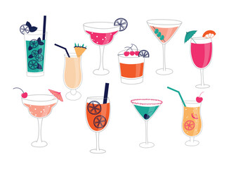 Cocktails vector illustration set, hand drawn cocktail drinks illustrations