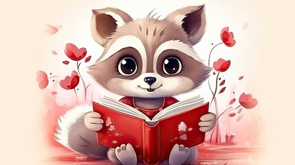  a raccoon is reading a book while sitting on the ground.  generative ai
