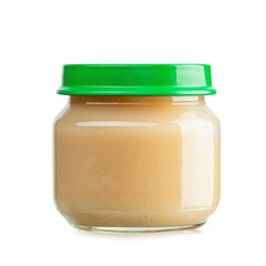 Jar with yummy baby food isolated on white background. Baby puree. File contains clipping path..