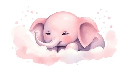  a baby elephant laying on a cloud with its trunk in the air.  generative ai