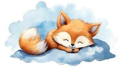  a painting of a fox sleeping on a cloud with its eyes closed.  generative ai