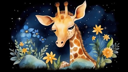  a painting of a giraffe in a field of flowers.  generative ai