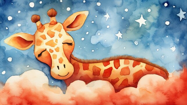  a painting of a giraffe sleeping on a cloud.  generative ai
