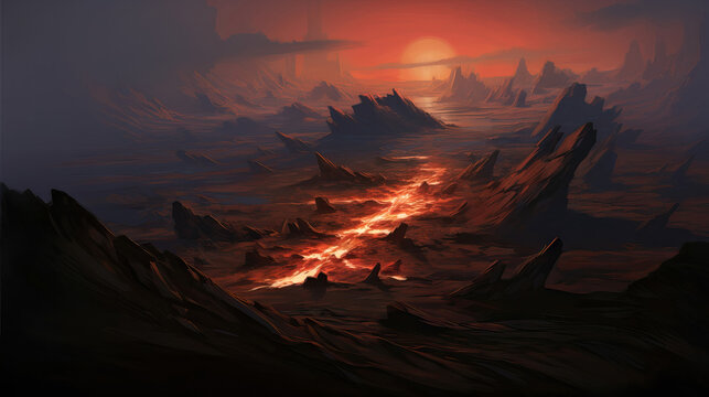 Fantasy alien planet with mountains at sunet