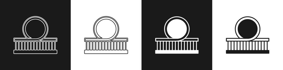 Set Roller coaster icon isolated on black and white background. Amusement park. Childrens entertainment playground, recreation park. Vector
