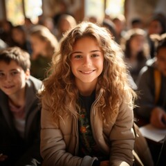 Fototapeta premium A portrait of a young schoolgirl with loose blonde hair sitting in front of her classmates in the classroom 