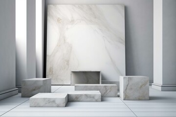 Innovative setup. Blank wall with marble block, frame. Space for showcasing product or design. Open view. Generative AI