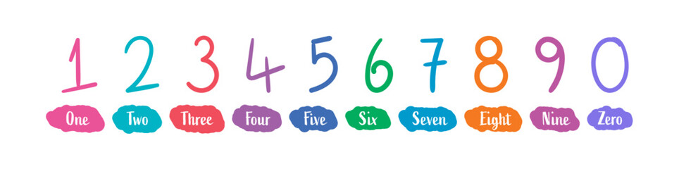 hand drawn numbers 0-9. 0-9 numbers and number names on white background