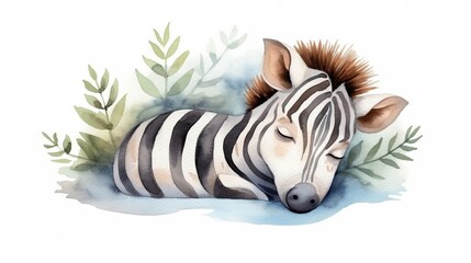  a watercolor painting of a zebra laying on the ground.  generative ai
