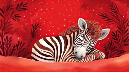  a painting of a zebra laying down on a red surface.  generative ai
