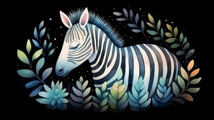  a painting of a zebra surrounded by leaves and flowers on a black background.  generative ai