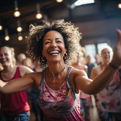Active women enjoy fitness at the sports club. Healthy lifestyle. woman dancing in club - obrazy, fototapety, plakaty