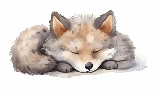  a watercolor painting of a sleeping fox on a white background.  generative ai