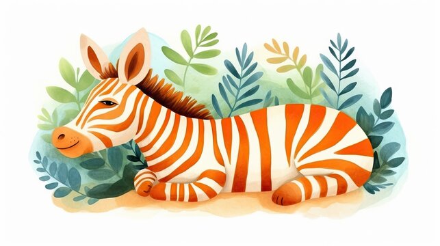  a painting of a zebra laying on the ground in the grass.  generative ai