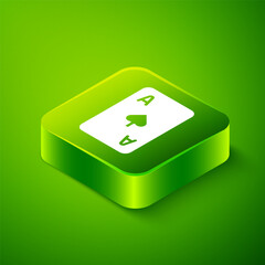 Isometric Playing card with spades symbol icon isolated on green background. Casino gambling. Green square button. Vector
