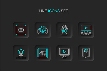 Set line Fire exit, Online play video, Plus 16 movie, Movie trophy, Cinema auditorium with screen, Science fiction, ticket and Rating icon. Vector