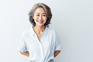 Portrait of Asian senior woman posing on white wall background. - obrazy, fototapety, plakaty