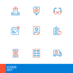 Set line Ambulance car, Pills in blister pack, DNA symbol, Patient record, Mobile with heart rate, Glasses and IV bag icon. Vector