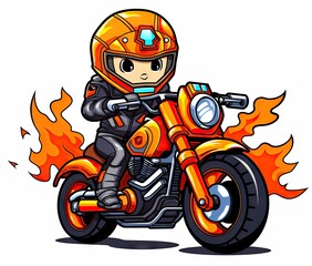  a person riding a motorcycle on a white background with flames.  generative ai