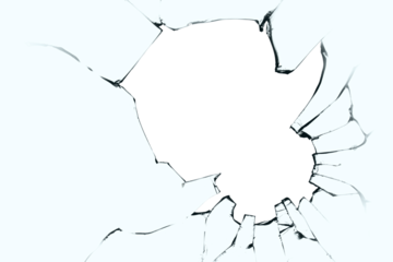 Broken glass with cracks and a big hole. Black cracks on blue glass with a white background