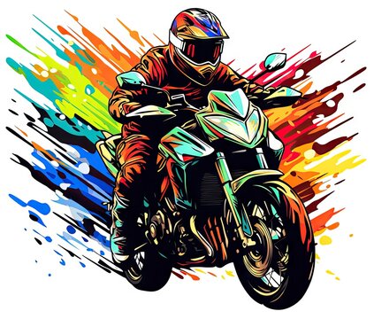  a person riding a motorcycle on a colorful background with sprays.  generative ai