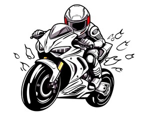  a person riding a motorcycle on a white background with a red helmet.  generative ai