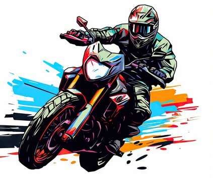  a man riding a motorcycle on a colorful background with paint splatters.  generative ai