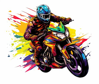  a man riding a motorcycle on top of a colorful paint splattered background.  generative ai