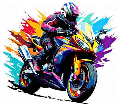  a person riding a motorcycle with colorful paint splatters.  generative ai
