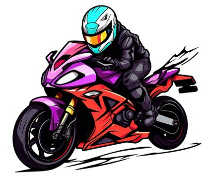  a person riding a motorcycle on a white background in a cartoon style.  generative ai