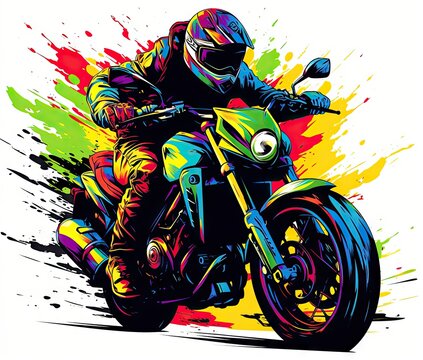  a man riding a motorcycle with colorful paint splatters.  generative ai
