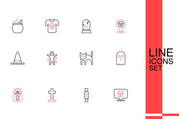 Set line Skull, Candy, Tombstone with cross, Funny scary ghost mask, Ghost, Black cat, Voodoo doll and Witch hat icon. Vector