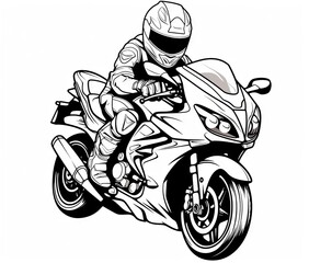  a person riding a motorcycle on a white background in black and white.  generative ai