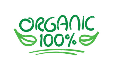 hand drawn organic word and 100 percent concept. green organic concept