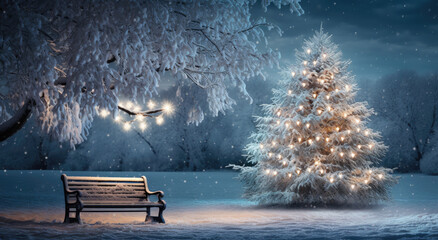 Obraz premium Christmas tree sits in the park with snow and long chair at night
