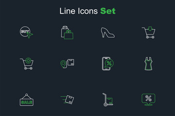 Set line Discount percent tag, Hand truck and boxes, Location with cardboard, Hanging sign text Sale, Woman dress, Percent discount phone, and Add to Shopping cart icon. Vector