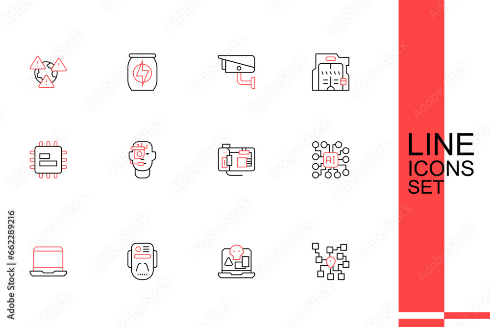 Poster set line neural network, internet piracy, artificial intelligence robot, laptop, motherboard, smart 