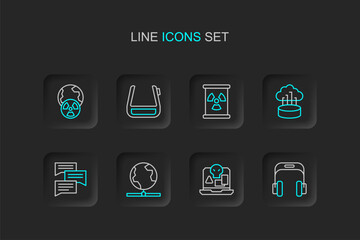 Set line Headphones, Internet piracy, Global technology, Speech bubble chat, Network cloud connection, Radioactive waste in barrel, Smart glasses spectacles and Planet earth and radiation icon. Vector